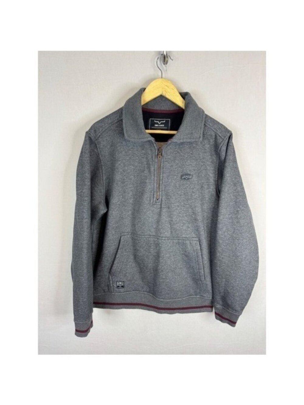 Kimes Ranch Mens Gray Quarter Zip Fleece Pullover Sweatshirt Large Burgundy Trim